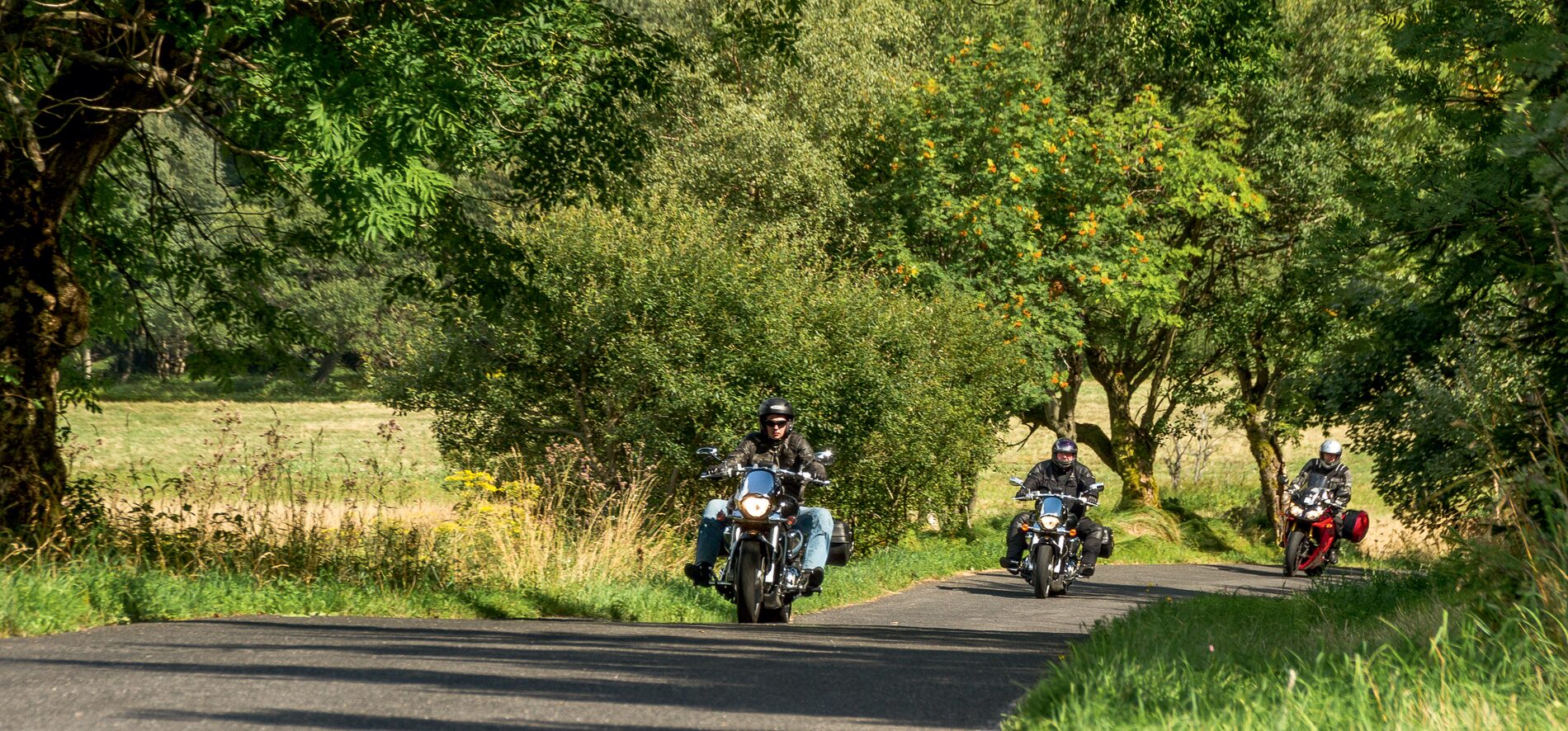 Drei Motorräder hintereinander auf einer schmalen Straße unter Bäumen Drei Motorräder hintereinander auf einer schmalen Straße unter Bäumen